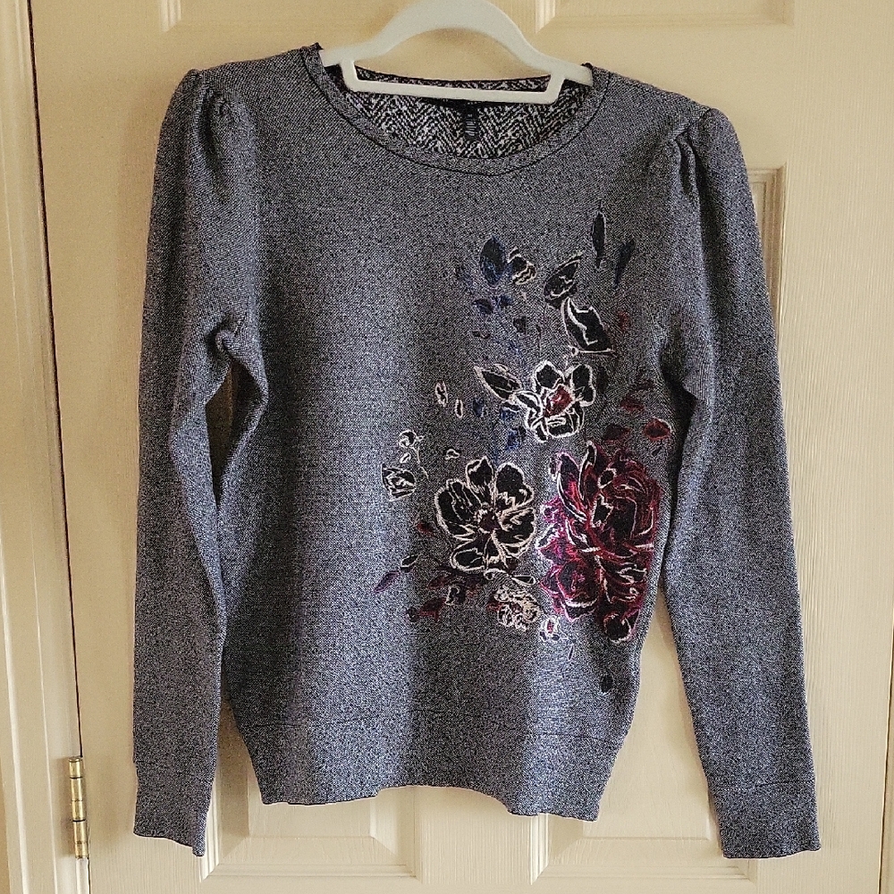 White House Black Market Gray Floral Sweater